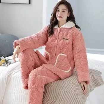 Новые зимние трехслойные пижамы из плотного ламинированного хлопка для женщин, коралловый бархатный и бархатный теплый комплект домашней одежды M