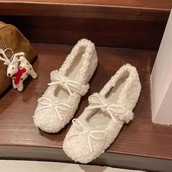 Новые зимние туфли на плоской подошве, женская мода, круглая головка, неглубокий носок, замшевый узел-бабочка, мягкая подошва, нескользящая шерстяная обувь 35 грязно-белый