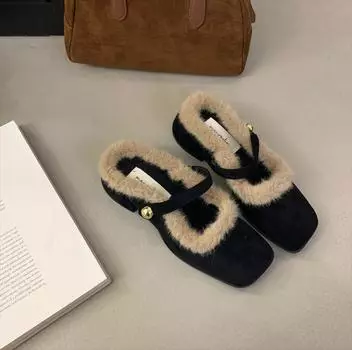 Новые зимние туфли на высоком каблуке от дизайнера 2024 года с кудрявым плюшевым бантиком из овечьей шерсти с одной педалью и толстой подошвой для женщин 35 коричневый