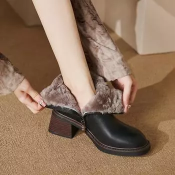 Новые зимние туфли женские из натуральной кожи туфли на высоком каблуке с круглым носком теплые шерстяные современные ботинки черные ботильоны на молнии 35 чёрный
