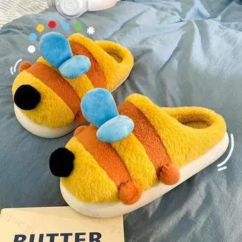 Новые зимние унисекс мультяшные пчелки теплые плюшевые тапочки для пар для дома нескользящие домашние тапочки мужские и женские хлопковые домашние туфли с обхватом носка 36-37 жёлтый