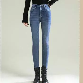 Новые зимние утепленные эластичные узкие джинсы с высокой талией, облегающие эластичные женские джинсовые брюки-карандаш, толстые флисовые женские джинсы 25