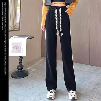 Новые зимние утепленные стильные бархатные брюки, прямые повседневные вельветовые спортивные штаны для женщин, широкие брюки из синели с плюшем для женщин S чёрный