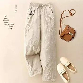 Новые зимние ветрозащитные и холодостойкие брюки из пухового хлопка с высокой посадкой: Теплая, Модная, Стройнящая Женская Повседневная Одежда Прямого Покроя L абрикосовый