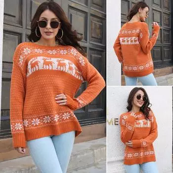 Новые зимние вязаные свитера для мам, теплые утолщенные повседневные трикотажные изделия, свободные модные рождественские пуловеры с круглым вырезом и длинными рукавами, джемперы S