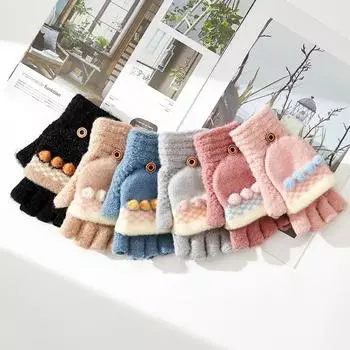 Новые зимние вязаные теплые перчатки для женщин с отворотом на половину пальца, полуоткрытые рабочие желейные бобы милые шерстяные перчатки с раздельными пальцами one size fits all