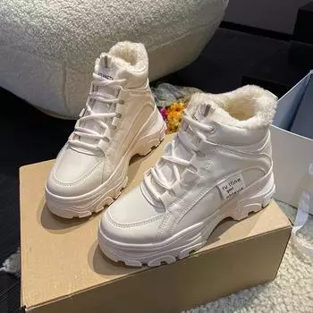 Новые зимние высокие белые туфли на толстой подошве с подкладкой, корейская версия повседневной обуви The Hundred, утолщенные теплые хлопковые туфли 35 белый