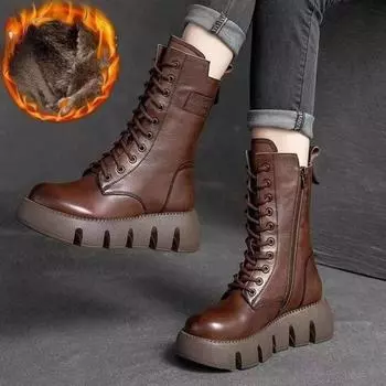 Новые зимние высокие ботинки Martin на толстой подошве из коровьей кожи, теплые женские ботинки, повседневные модные ботинки из хлопка на шнуровке для женщин 35 чёрный
