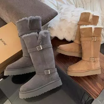 Новые зимние замшевые сапоги на толстой подошве из утолщенного плюша ~ короткие сапоги с круглым носком и пряжкой на ремне для женщин 35