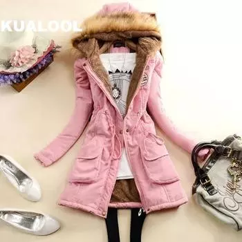 Новые зимние женские длинные парки с капюшоном, хлопковые женские пальто, куртки с большим меховым воротником для девочек, студенческие хлопковые пальто с талией S розовый