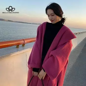 Новые зимние женские однотонные свободные шерстяные пальто с капюшоном, женские элегантные теплые верхние одежды с поясом и карманами, женская уличная одежда больших размеров S чёрный