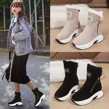 Новые зимние женские повседневные спортивные студенческие зимние ботинки с круглым носком и боковой молнией, с плоской подошвой, с дополнительной подкладкой для тепла 35