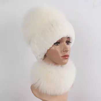 Новые зимние женские роскошные шапки из натурального лисьего меха, комплекты шарфов, натуральный мягкий вязаный теплый топ из меха кролика рекс, шапки из лисьего меха, шарфы, 2 шт. Good elasticity 52cm-60cm белый
