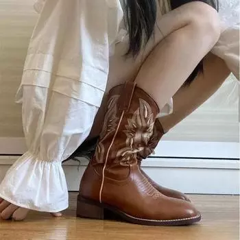 Новые зимние женские сапоги винтажные ретро вышитые коричневые сапоги на толстом каблуке рыцарские сапоги ковбойские сапоги в стиле вестерн 35