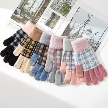Новые зимние женские теплые вязаные шерстяные перчатки с сенсорным экраном и полным пальцем, клетчатые, с бархатными разделенными пальцами для защиты от холода во время езды average size