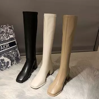 Новые зимние женские туфли-лодочки на каблуках, мотоциклетные сапоги, женские дизайнерские туфли до колена, модные туфли на высоком каблуке, на молнии, теплые зимние женские ботинки 35 чёрный