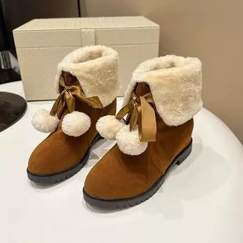 Новые зимние женские туфли, милые меховые ботильоны, женские удобные теплые хлопковые туфли с подкладкой, повседневные туфли на плоской подошве со шнуровкой 35 чёрный