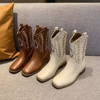 Новые зимние женские туфли винтажные ретро вышитые коричневые бежевые кожаные сапоги на толстом каблуке рыцарские сапоги в стиле вестерн ковбойские сапоги 35