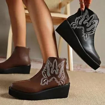 Новые зимние женские удобные танкетки nDesigner ретро туфли на среднем каблуке трендовые классические элегантные модные ботинки обувь для 36 чёрный