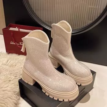 Новые зимние зимние ботинки на толстом каблуке, женские, с круглым носком, с застежкой-молнией сзади, с толстой подошвой, противоскользящие, износостойкие, короткие ботинки 35 бежевый