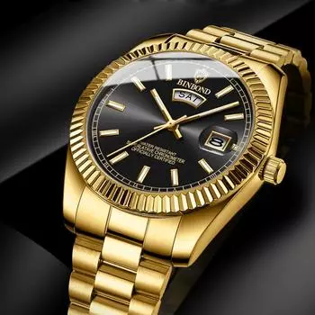 Новые золотые часы, мужские водонепроницаемые повседневные часы из нержавеющей стали, классические светящиеся часы с двойным календарем, простые атмосферные мужские наручные часы чёрный/золотой