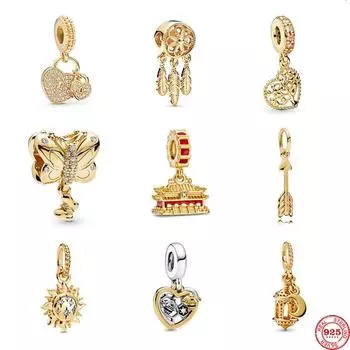 Новые золотые серьги и пчелы, свисающие сверкающие солнечные стрелы, семейная бусина «сделай сам», подходит для оригинального браслета из серебра 925 пробы, брелок, ювелирное изделие