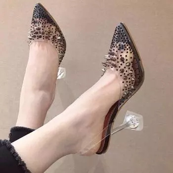 Новые золотые серебряные туфли-лодочки из ПВХ с прозрачными заклепками и бриллиантами, босоножки из плексигласа, каблук с острым носком, свадебные туфли-лодочки из хрусталя и серебра uik98 35 чёрный