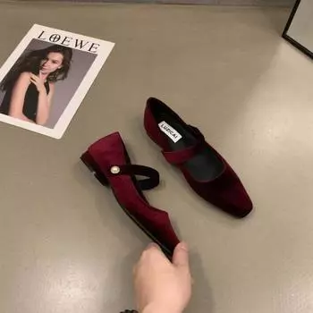 НовыеЭлегантные велюровые туфли Мэри Джейн с жемчужной пряжкой, женские балетки из бархата, женские вечерние туфли-лодочки на низком каблуке винно-красного цвета 35 абрикосовый