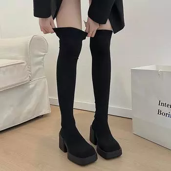 НовыеЗимние женские сапоги выше колена, эластичные вязаные сапоги на толстом каблуке, женские туфли без застежек на толстой подошве 35