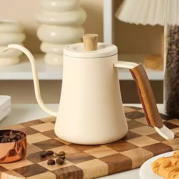Новый304Нержавеющая стальРучной кофейник капельного типа с узким горлышком и лебединой шеейКофеварка600мл 0.6L Wood grain handle el