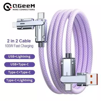 Новый 100 Вт 2 в 2 оплетке PD быстрый USB-кабель для Huawei/Honor выдвижной портативный 4 в 1 зарядный кабель Micro USB Type C для iPhone Samsung 1.0M фиолетовый
