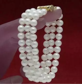 Новый 3-рядный браслет из натурального белого пресноводного жемчуга диаметром 7–8 мм 7,5 дюйма