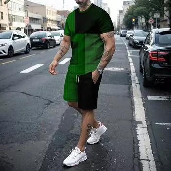 Новый 3D-линейный мужской комплект из футболки и шорт с короткими рукавами, спортивная одежда, комплект из 2 предметов для лета, улицы, отдыха и путешествий XL