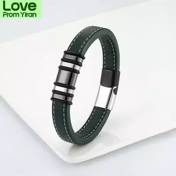 Новый 5 колец многоцветный нержавеющая сталь простые ювелирные изделия унисекс классический парный браслет зеленый широкий кожаный шнур браслет с подвесками 23cm зелёный