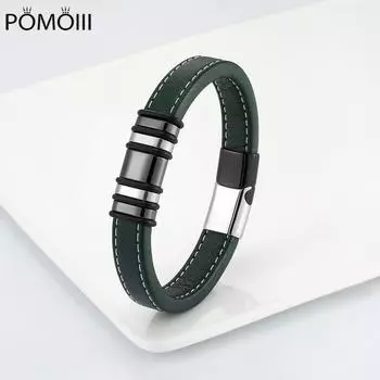 Новый 5 колец многоцветный нержавеющая сталь простые ювелирные изделия унисекс классический парный браслет зеленый широкий кожаный шнур браслет с подвесками 23cm зелёный