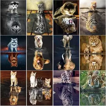 Новый 5D Алмазная вышивка Отражение Тигр Вышивка крестиком Животное Алмазная картина Полный круглый дрель Мозаика Домашний Декор Подарок Full Round 15x20CM