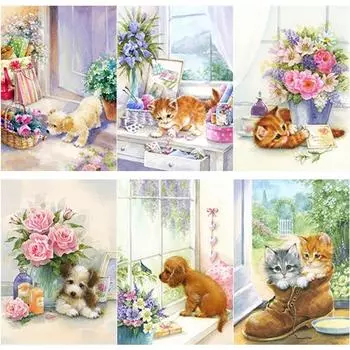 Новый 5D DIY Кот Алмазная картина Свежие цветы Алмазная вышивка животных Вышивка крестиком Полный круглый дрель Домашний декор Художественный подарок Full Round 15x20CM
