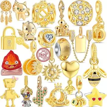 Новый 925 Серебряный Золотой Замок Ключ Пчела Солнечный Замок Красное Пламя Тонкие Бусины Подходит Оригинальный 925 Браслет Подвески DIY Изготовление Ювелирных Изделий