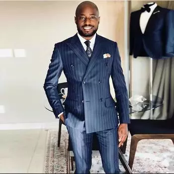 Новый эластичный полосатый мужской деловой костюм жениха шафера свадебный вечер официальный выпускной мужской смокинг комплект из 2 предметов пиджак и брюки S темно-синий