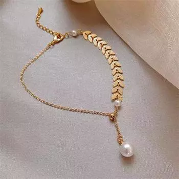 Новый элегантный браслет золотого цвета с жемчугом и пшеничными ушками для женщин, модный женский браслет-цепочка из нержавеющей стали, ювелирные изделия