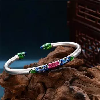 Новый эмалевый браслет для женщин, китайский шикарный, перегородчатый, цветок лотоса, ярко-синий, ретро-браслет для подарка матери на день рождения Adjustable size