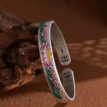 Новый эмалированный браслет в форме сердца лотоса, модный перегородчатый серебряный браслет, цветной браслет лотоса для женщин, подарок на день рождения Adjustable size