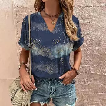 Новый Астральный Принт в Женской Футболке Летние Топы с V-образным Вырезом и Коротким Рукавом Модная Повседневная Футболка Ретро Одежда Харадзюку Футболки S