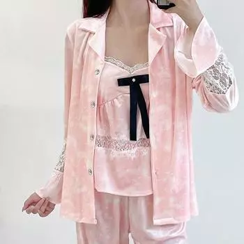 Новый бархатный пижамный комплект из 3 предметов осень-зима женская пижама сексуальная пэчворк кружевная ночная рубашка пижамный костюм свободный принт велюровая домашняя одежда M