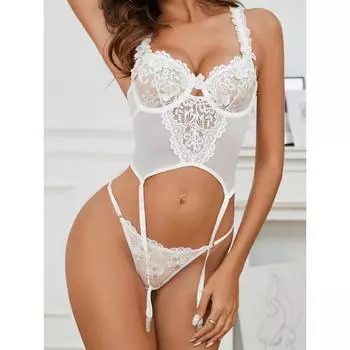 Новый белый комплект нижнего белья женский кружевной пэчворк прозрачный бюстгальтер стринги трусики на косточках комплекты сексуальный перспективный экзотический костюм S