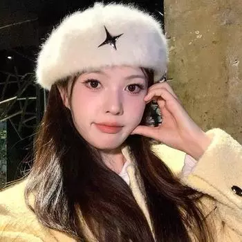 Новый белый плюшевый кроличий меховой берет для женщин 2024 года, новая осенне-зимняя шляпа с небольшим передним воротом, шляпа художника M56-58cm