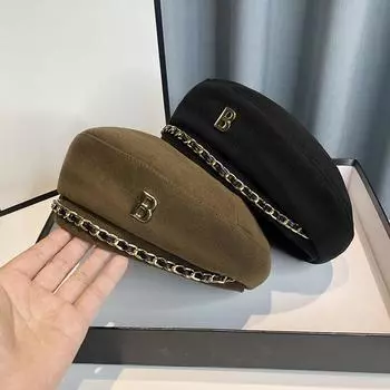 Новый берет с цепочкой для женщин, зимняя кепка в стиле ретро, коричневый, черный, на плоской подошве, модная женская винтажная кепка для девочек, звездный стиль Adjustable чёрный