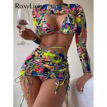 Новый бикини с длинными рукавами и принтом на шее, женский купальник, женский купальник, комплект бикини из четырех частей, купальный костюм S