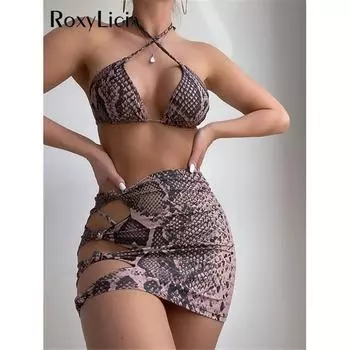 Новый бикини с принтом змеиной кожи и юбкой, женский купальник, женский купальник, комплект бикини из трех частей, купальный костюм S