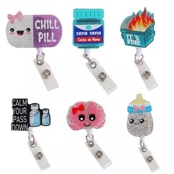 Новый блестящий акриловый флакон для лекарств, катушка для бейджа медсестры, выдвижной держатель для удостоверения личности с вращающимся на 360 градусов зажимом-аллигатором, держатель имени A